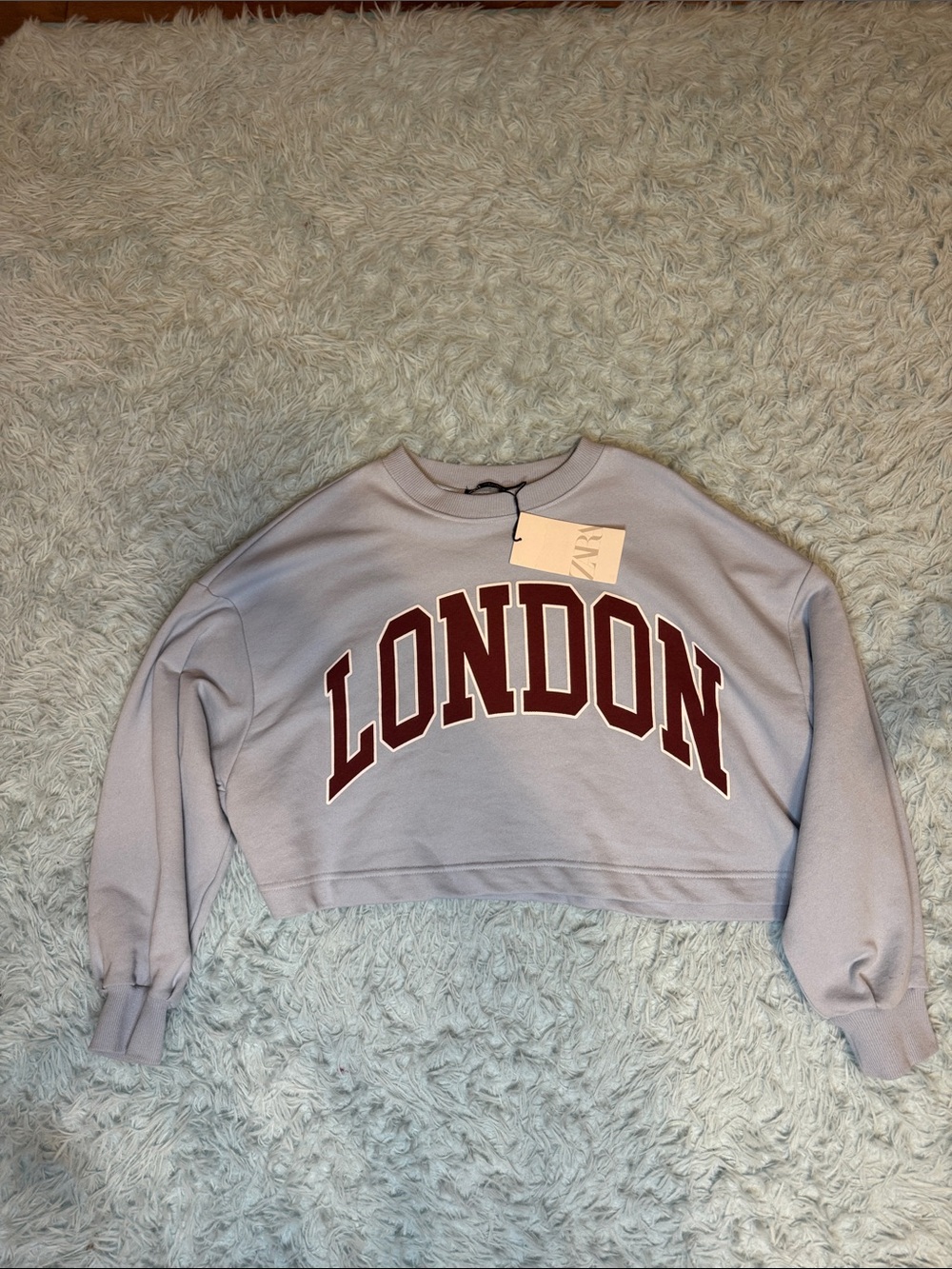 Zara Lilac Cropped Sweatshirt with Burgundy 'LONDON' Print woman’s medium.